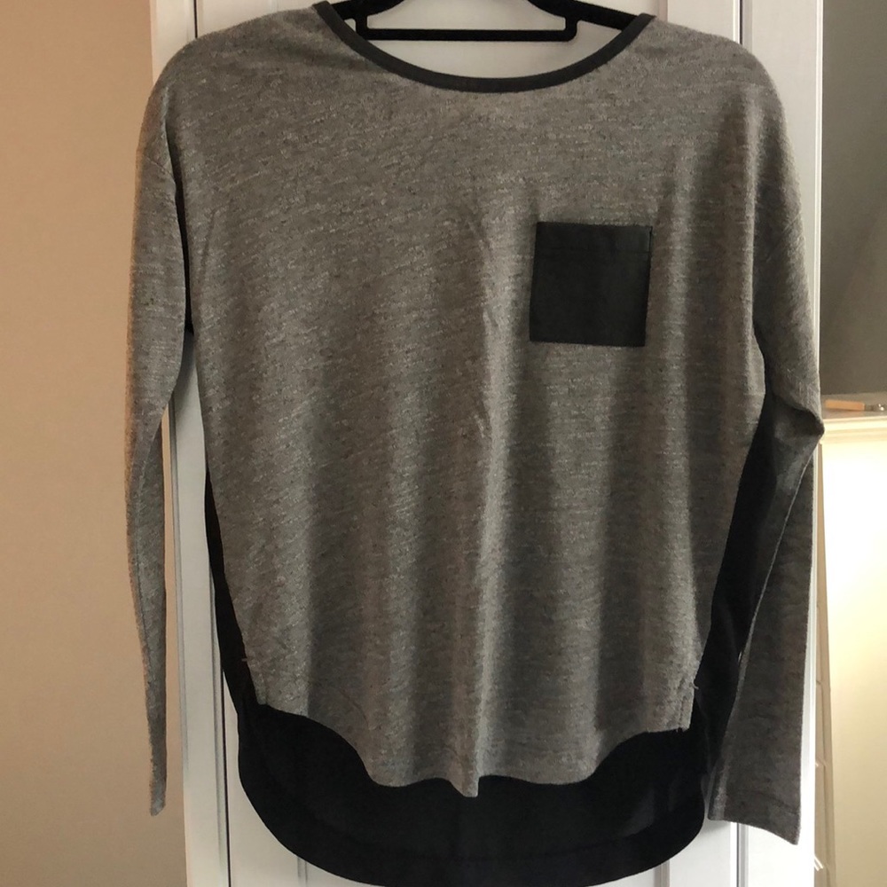 Gray Blouse with black leather accents/sheer back